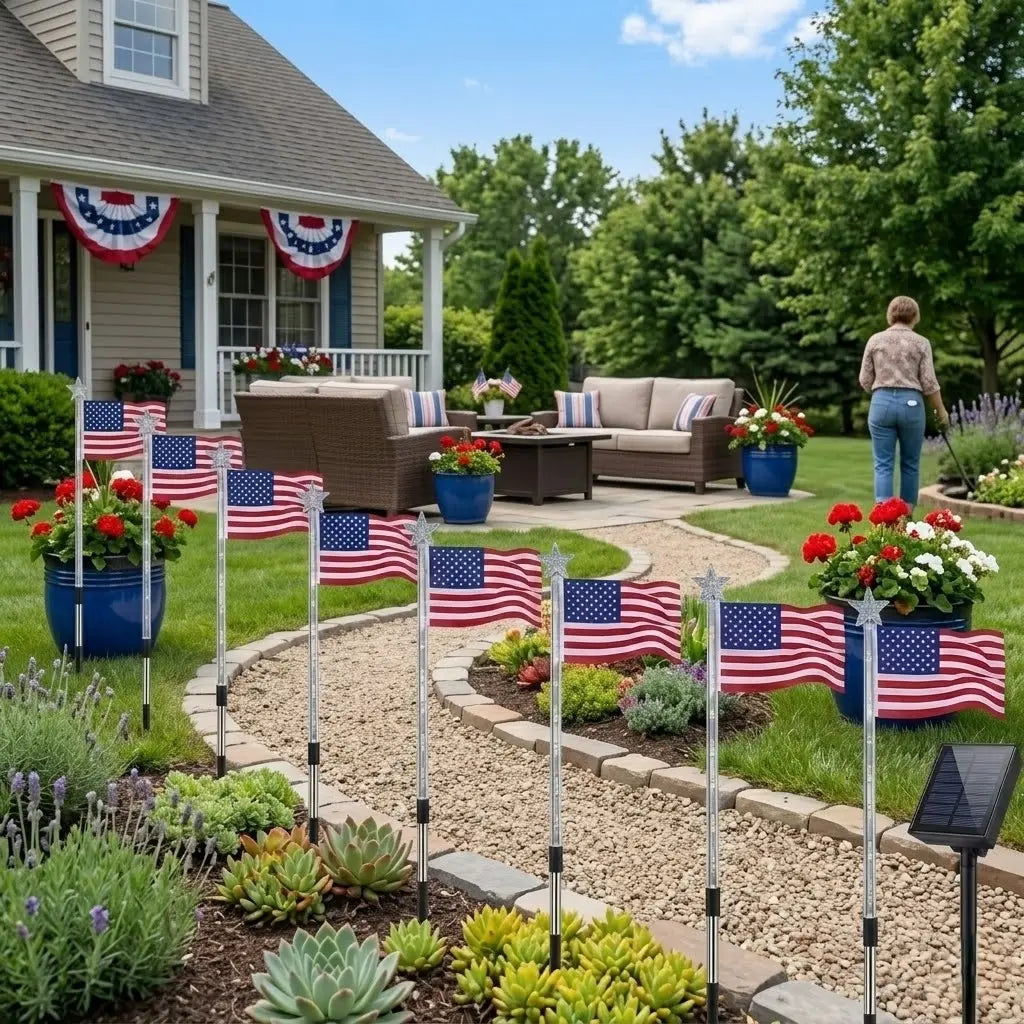 8-Piece Flag Light Set, 4Th of July Decorations 8 Lighting Modes, 8-In-1 American Flag Solar Lights, Memorial Day Decorations Featuring Red, White, and Blue Lights for Independence Day Pathway Garden Decorations Yard Pathway