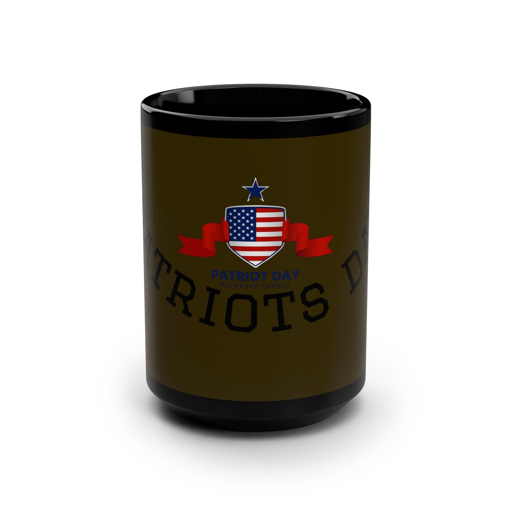 Patriots Day Shield Mug | American Flag Crest, Red Ribbon 15oz Black Mug