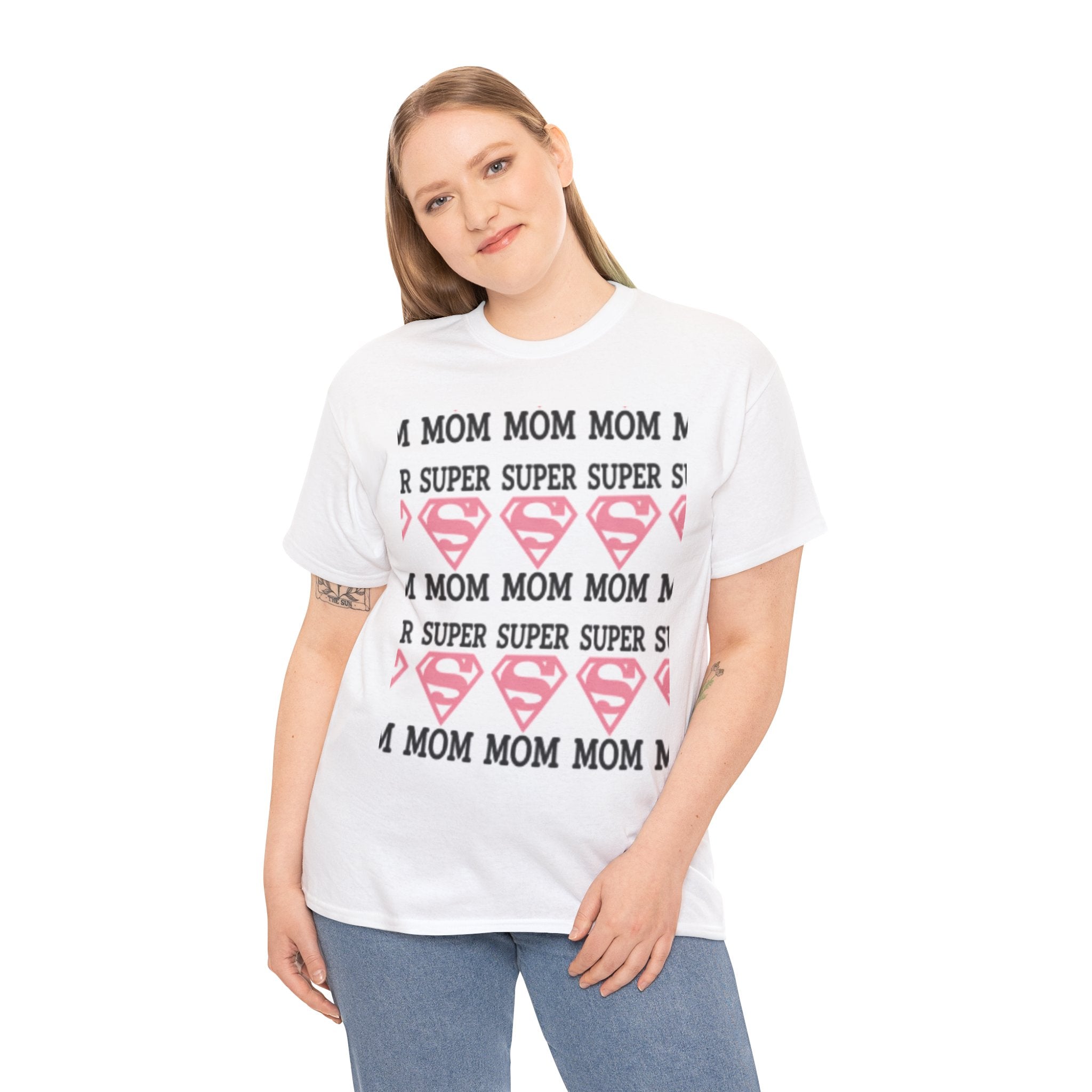 Mom Superhero T-Shirt — "Mom Mom Mom Super" Pink Superman Hearts Tee