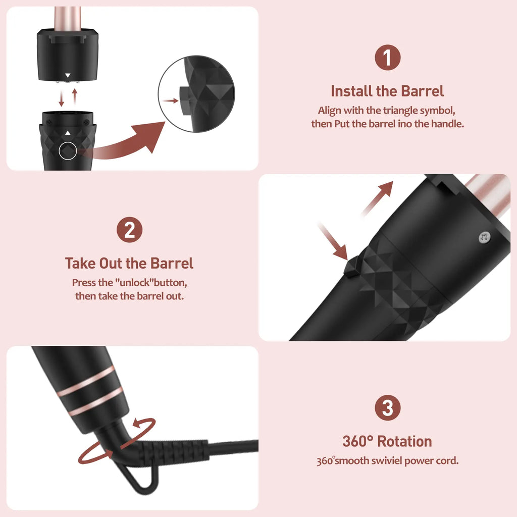 MAXT Curling Iron Set 5 in 1, Curling Wand Set Interchangeable Triple Barrel Curling Iron and Curling Brush Ceramic Barrel Wand Curling Iron(0.35”-1.25”)