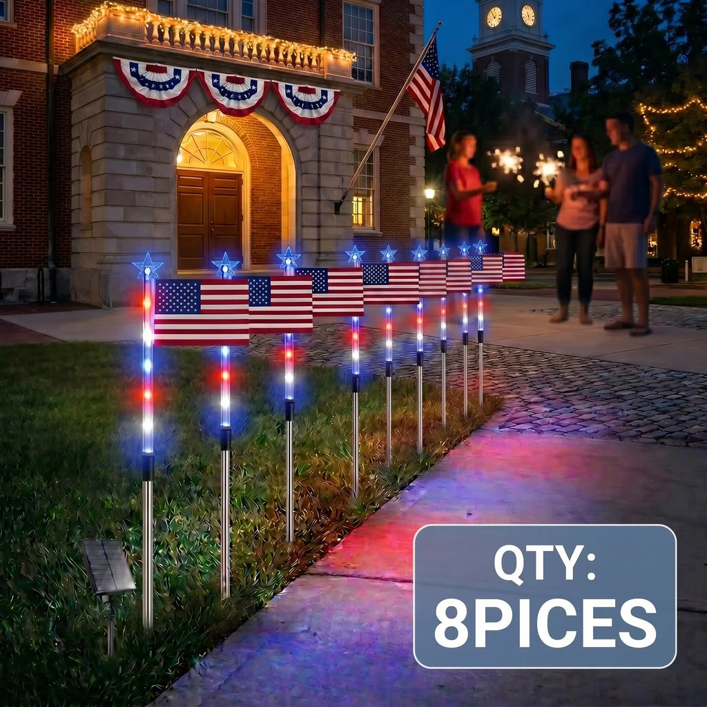 8-Piece Flag Light Set, 4Th of July Decorations 8 Lighting Modes, 8-In-1 American Flag Solar Lights, Memorial Day Decorations Featuring Red, White, and Blue Lights for Independence Day Pathway Garden Decorations Yard Pathway