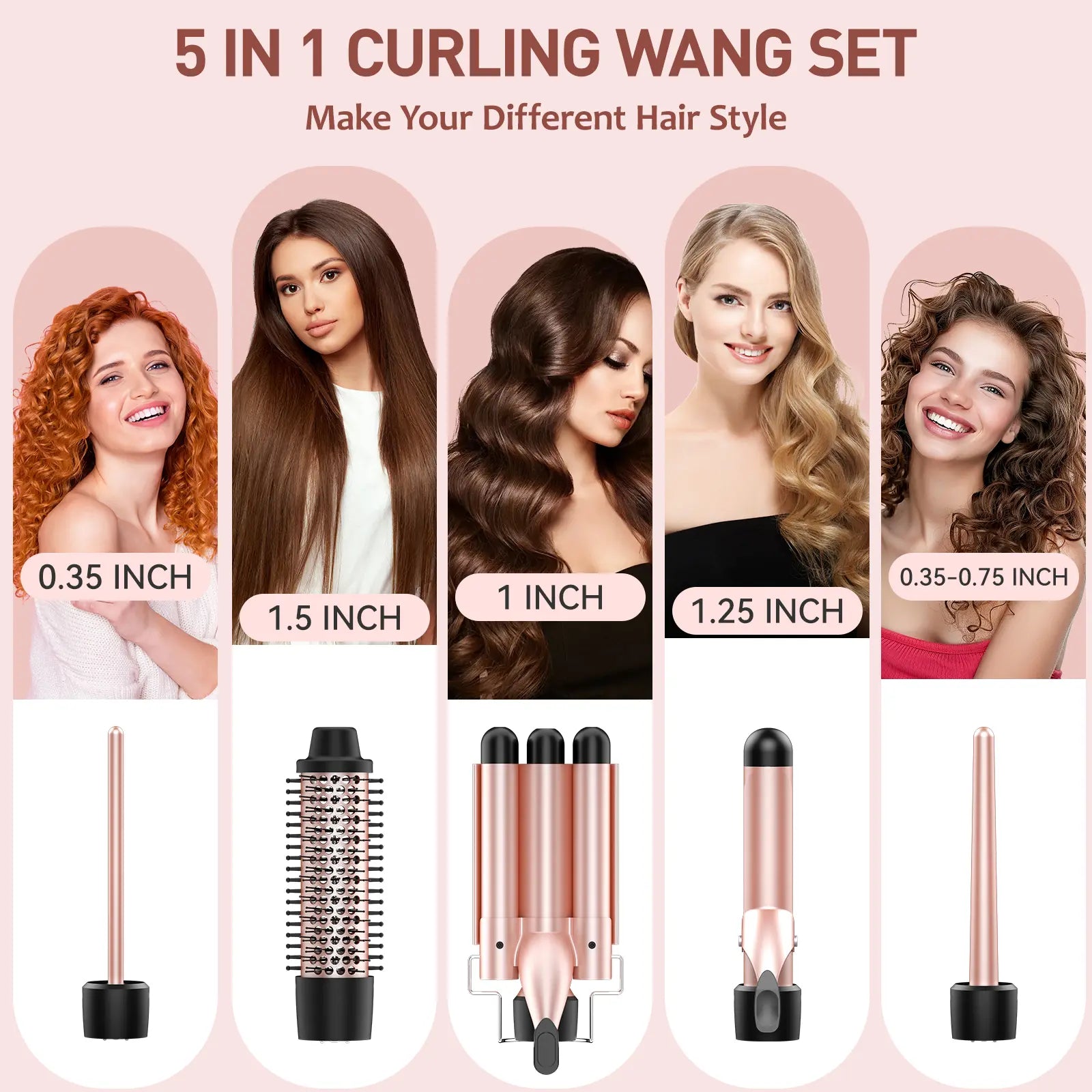 MAXT Curling Iron Set 5 in 1, Curling Wand Set Interchangeable Triple Barrel Curling Iron and Curling Brush Ceramic Barrel Wand Curling Iron(0.35”-1.25”)