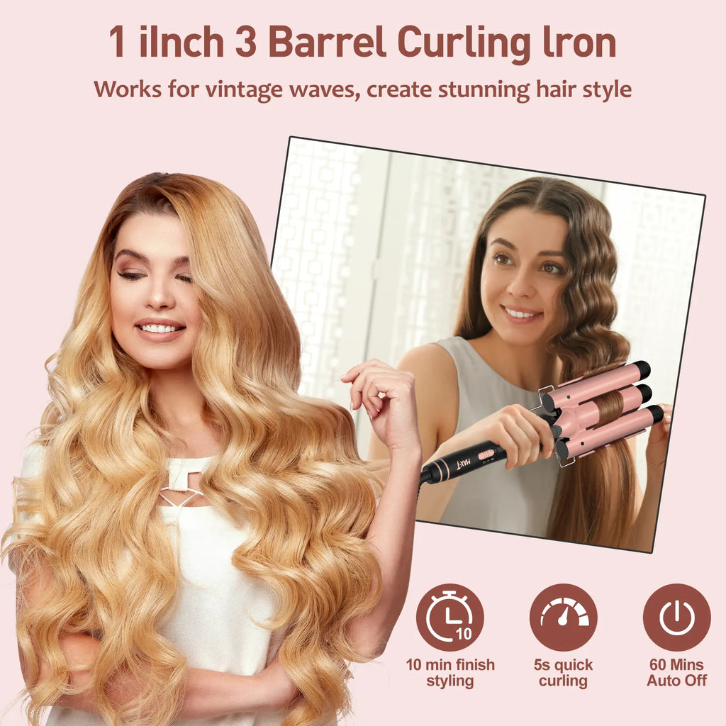 MAXT Curling Iron Set 5 in 1, Curling Wand Set Interchangeable Triple Barrel Curling Iron and Curling Brush Ceramic Barrel Wand Curling Iron(0.35”-1.25”)