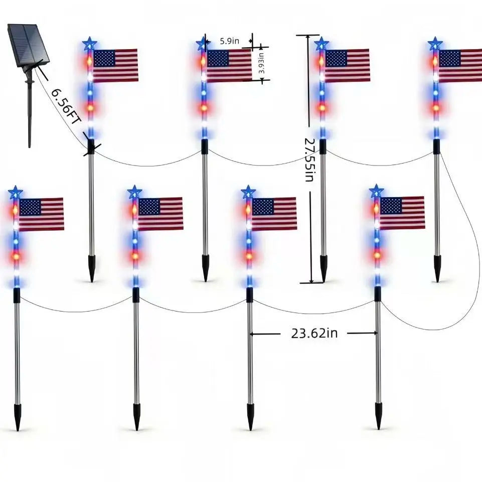 8-Piece Flag Light Set, 4Th of July Decorations 8 Lighting Modes, 8-In-1 American Flag Solar Lights, Memorial Day Decorations Featuring Red, White, and Blue Lights for Independence Day Pathway Garden Decorations Yard Pathway