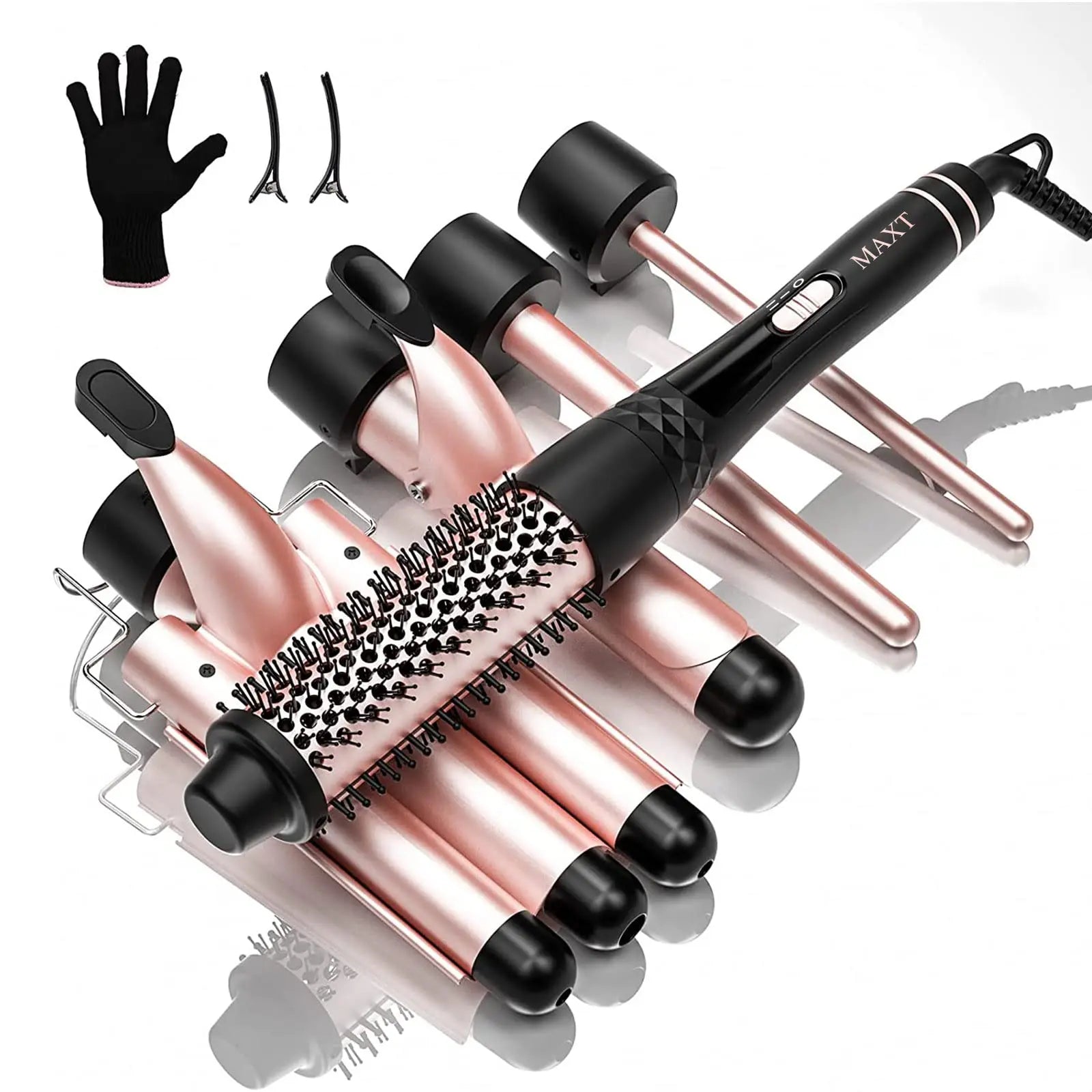 MAXT Curling Iron Set 5 in 1, Curling Wand Set Interchangeable Triple Barrel Curling Iron and Curling Brush Ceramic Barrel Wand Curling Iron(0.35”-1.25”)