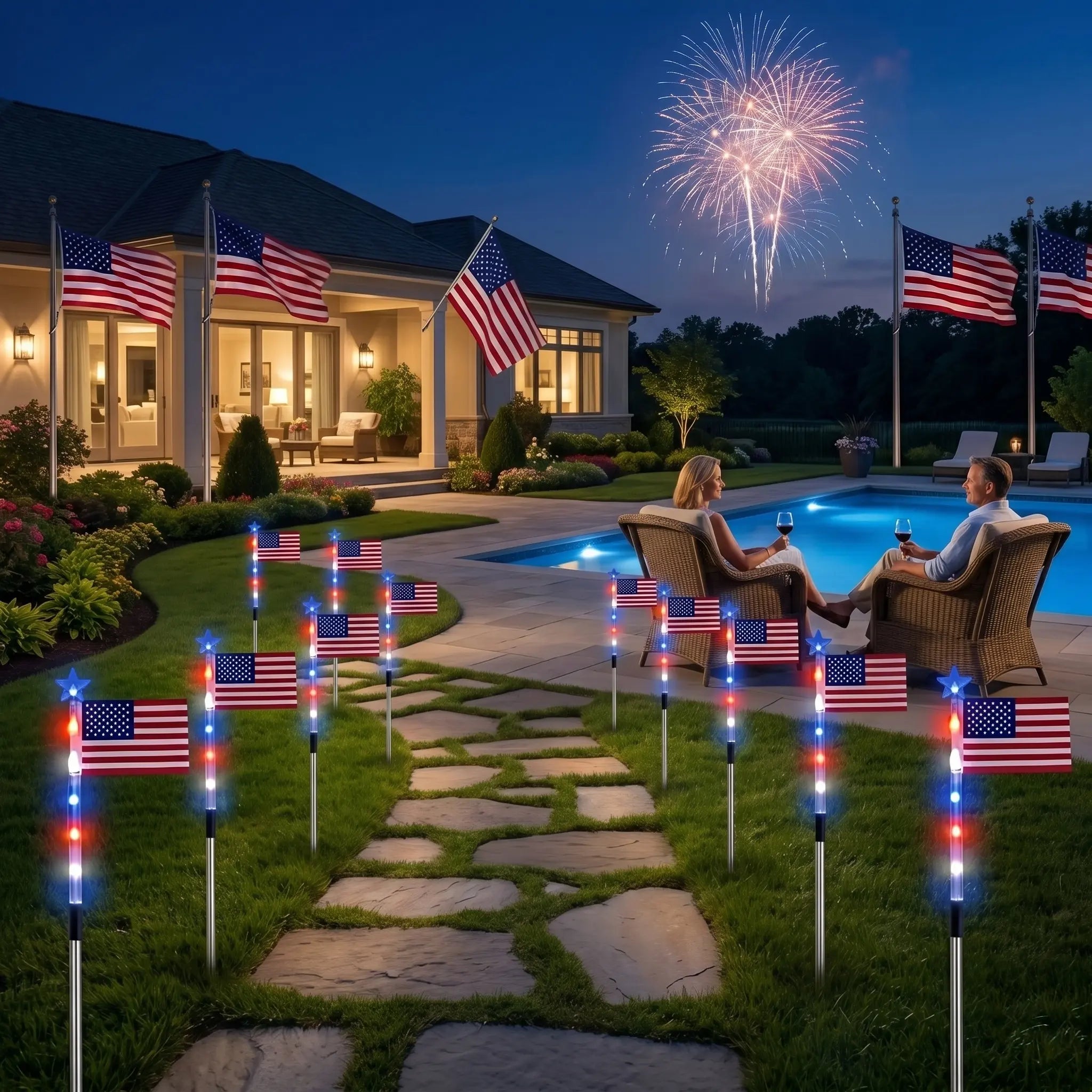8-Piece Flag Light Set, 4Th of July Decorations 8 Lighting Modes, 8-In-1 American Flag Solar Lights, Memorial Day Decorations Featuring Red, White, and Blue Lights for Independence Day Pathway Garden Decorations Yard Pathway