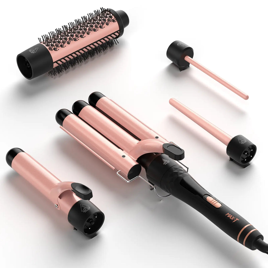 MAXT Curling Iron Set 5 in 1, Curling Wand Set Interchangeable Triple Barrel Curling Iron and Curling Brush Ceramic Barrel Wand Curling Iron(0.35”-1.25”)